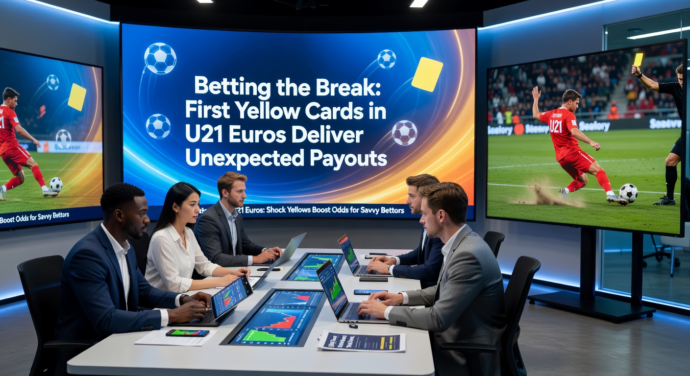 Close-up of referee issuing first yellow card in U21 Euros action, crowd reacting
