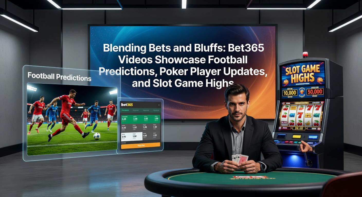 Bet365 video thumbnail blending football pitch action with poker cards and glowing slot reels