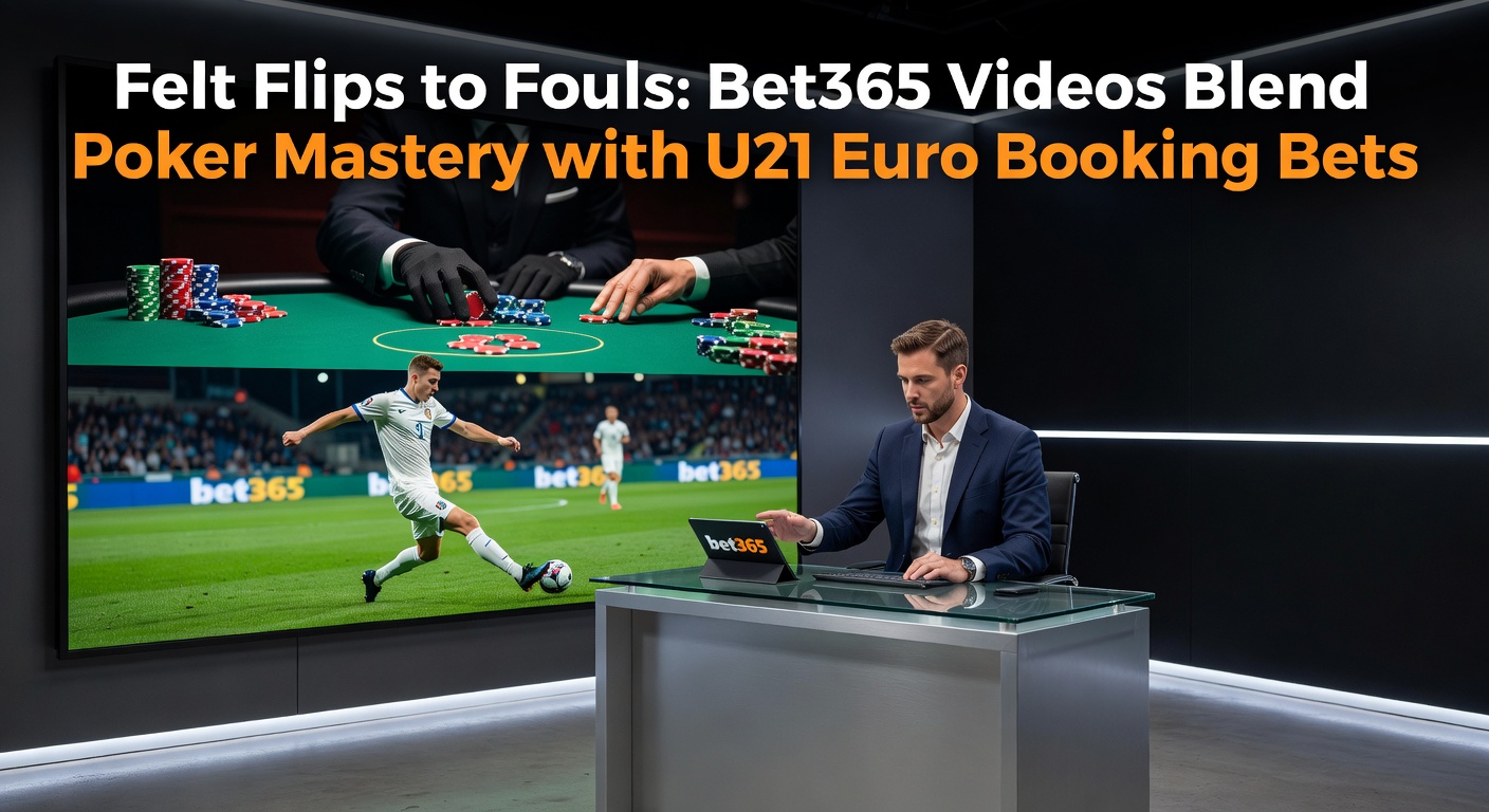 Bet365 video thumbnail showing poker chips transitioning to a soccer foul on the pitch during U21 Euro action