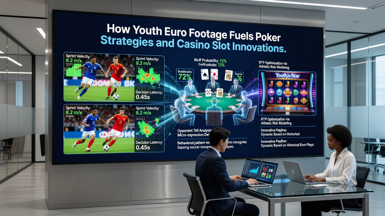 Youth Euro players in action during a match, with analysts reviewing footage on screens in the background