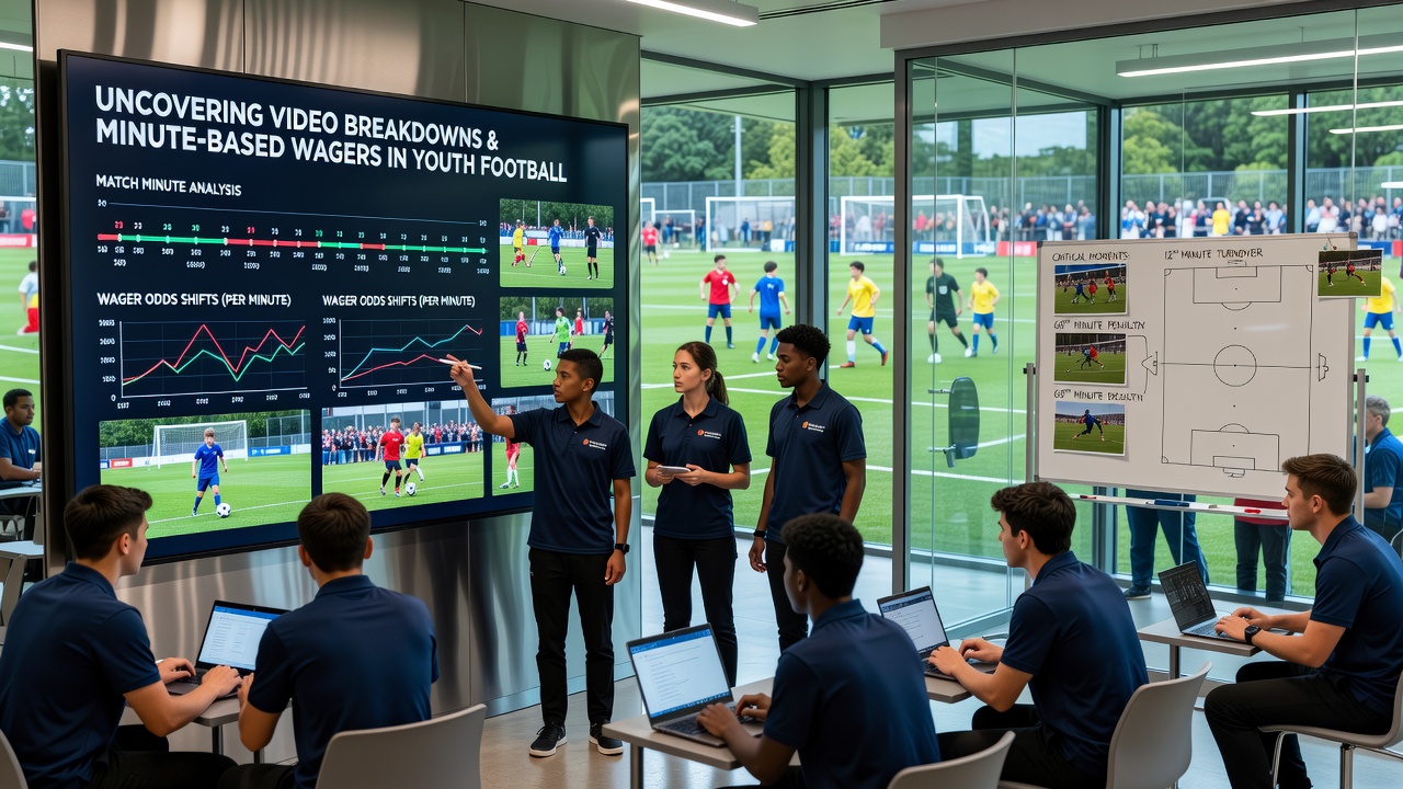 Analyst examining video replay of a youth football match with timing overlays