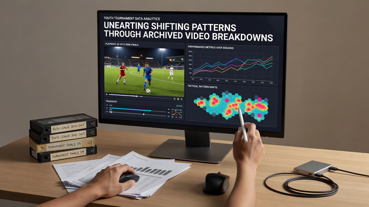 Analysts reviewing archived tournament footage on multiple screens showing player tracking overlays and heat maps