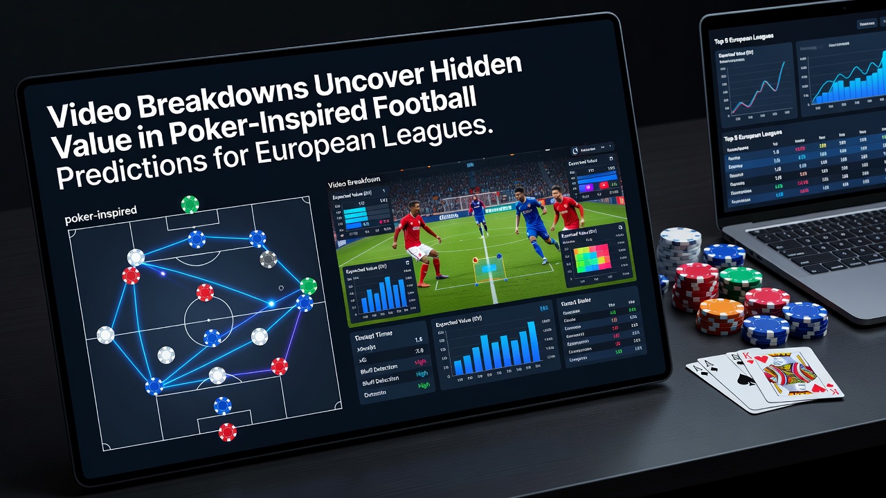 Video analysis screen showing poker-inspired football prediction breakdowns for European leagues