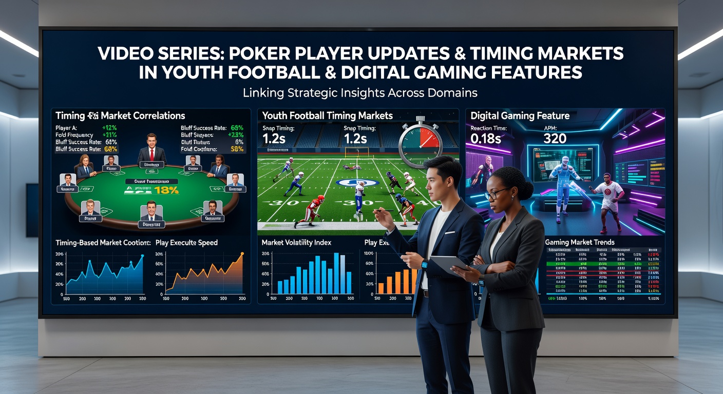 Video series interface showing poker player updates connected to youth football timing markets and gaming features