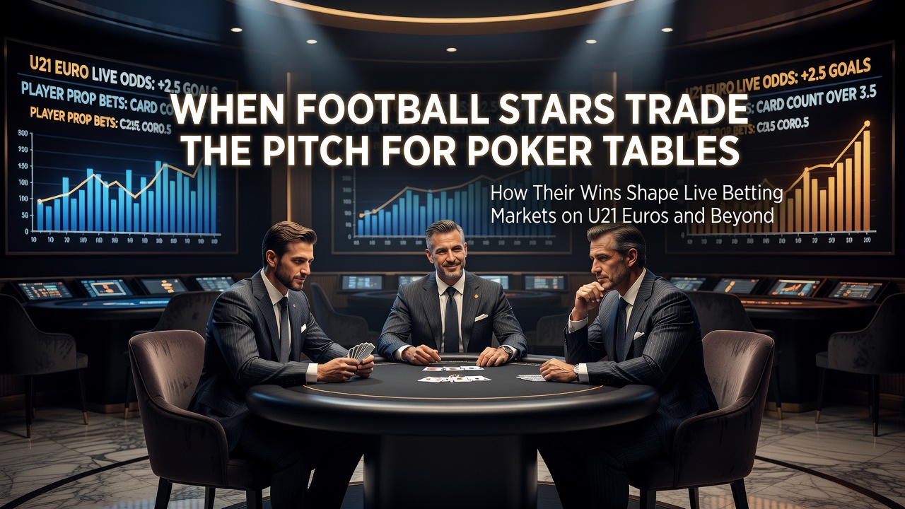 Football players transitioning from pitch to poker tables with betting market charts in background