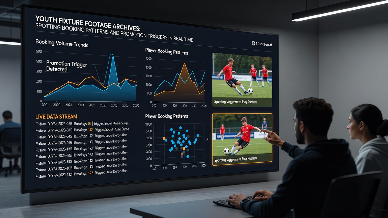 Analyst reviewing multiple screens showing archived youth football match footage