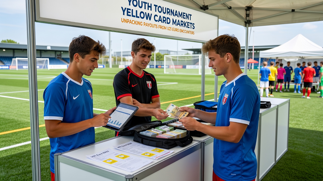 Close-up of a referee showing a yellow card during a U21 international football match